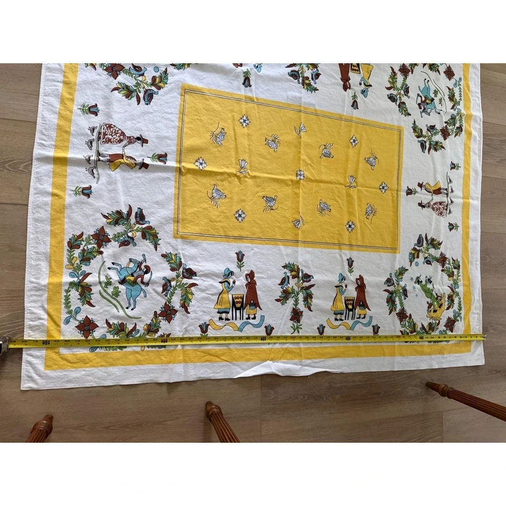 Vintage Folk Art Tablecloth Yellow Dutch Figures Floral Wreath 50x62 Rectangular